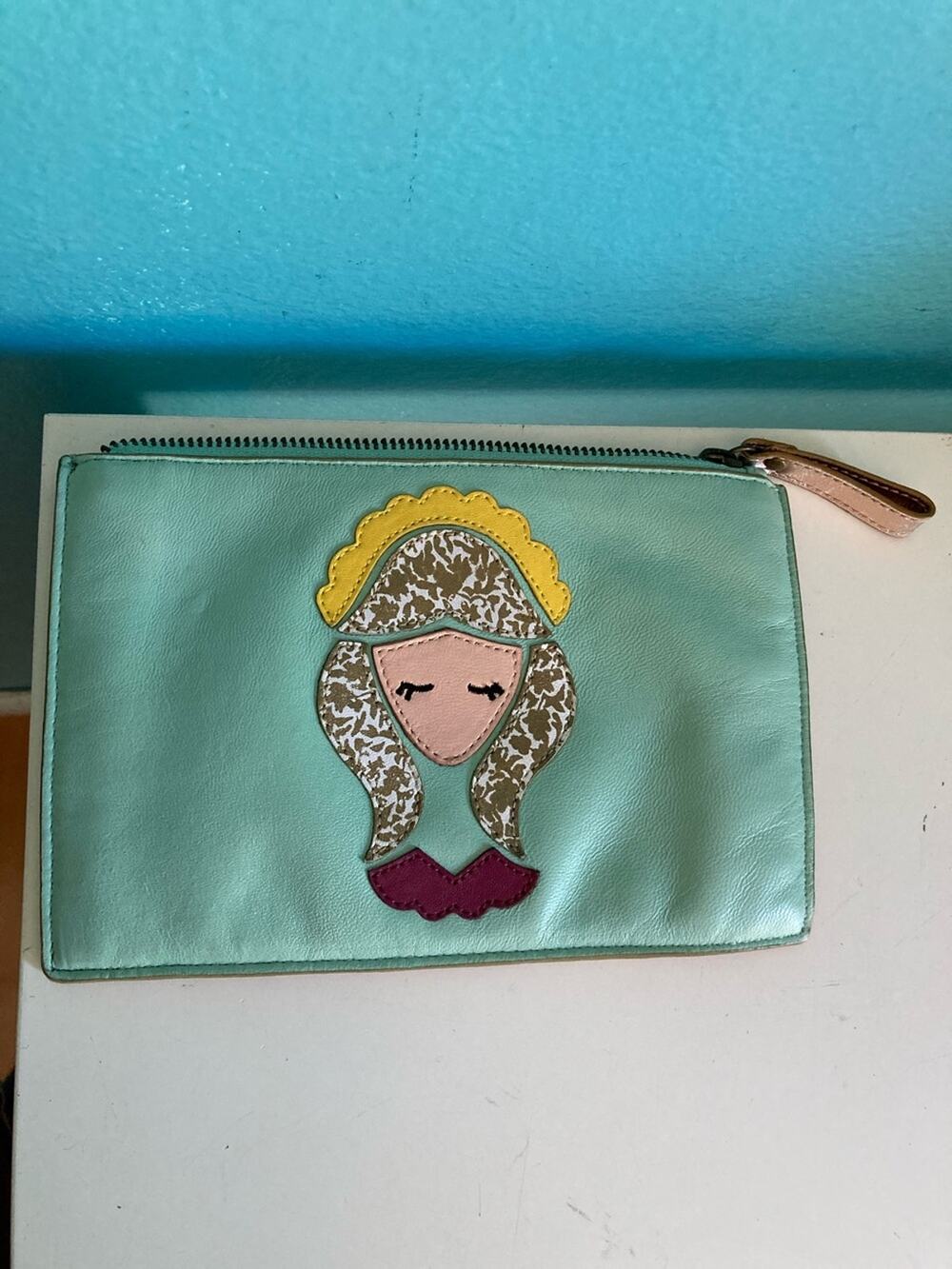 Anthropologie Miss Albright Leather Zodiac Virgo Pouch Clutch Cosmetic Bag Mint